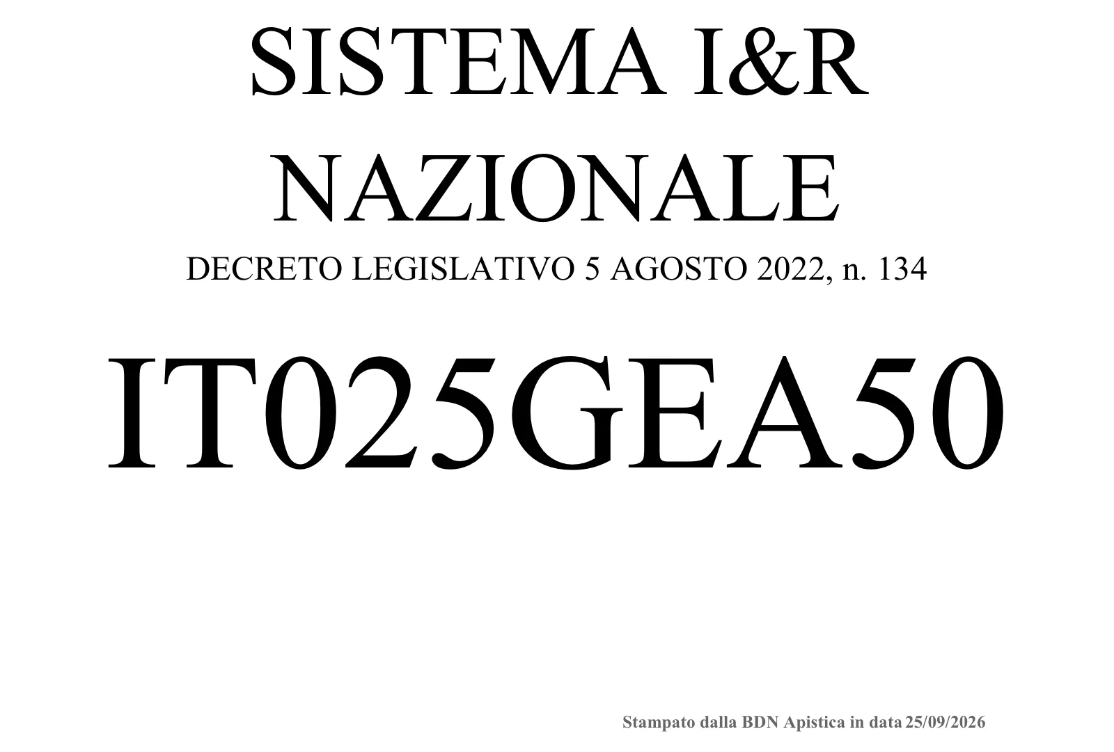 Apiario registrato — Codice IT025GEA50