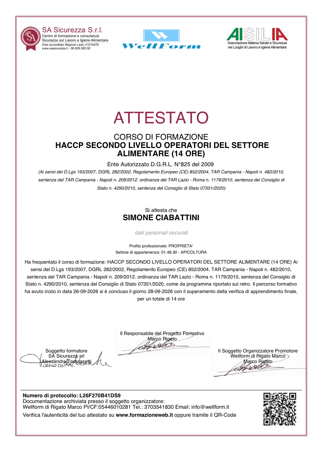 Attestato HACCP — Simone Ciabattini · titolare